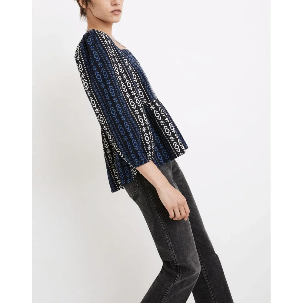 Madewell Lightspun Millbrook Puff Sleeve Peplum Top XL Blue Geo Square Neck